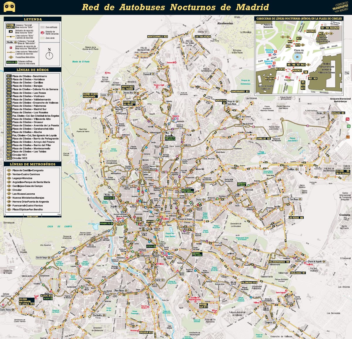 mapa Madrid noční autobus 