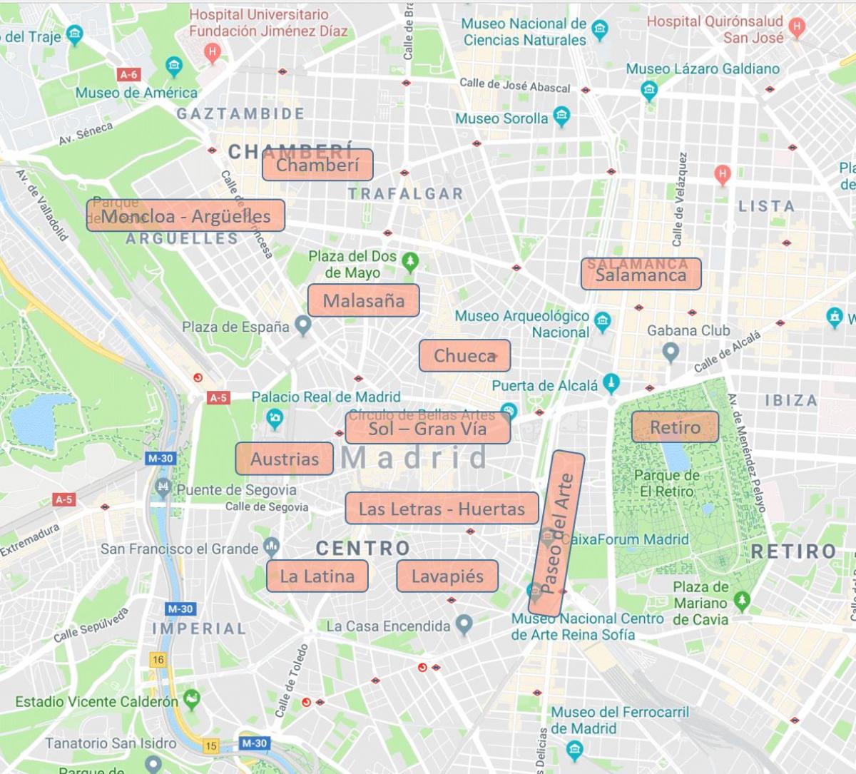 mapa Madrid Španělsko čtvrtí